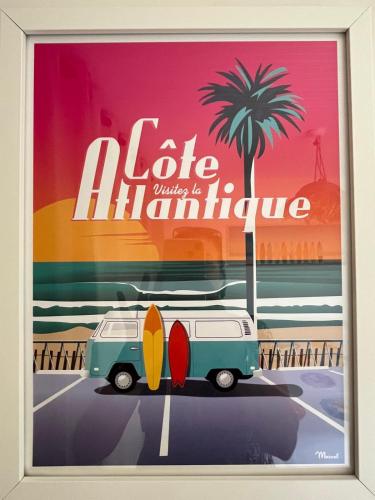 a poster of a van with surfboards on a beach at Sérénité Marais-Océan in Longeville-sur-Mer