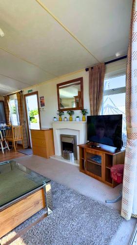 a living room with a television and a fireplace at Anchor's Drop in Blue Anchor