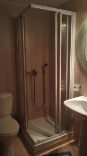 a shower in a bathroom with a toilet and a sink at Feevos in Piraeus