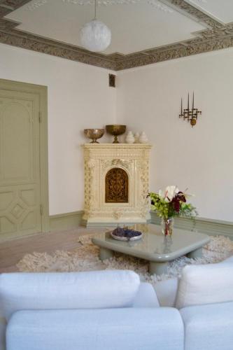 a living room with a fireplace and a couch and a table at SJ Apartment in Aarhus