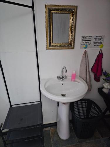 a bathroom with a white sink and a mirror at The Angel River Villa in Meyerton