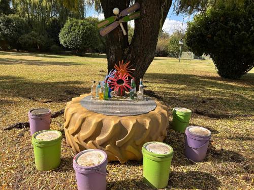 a table under a tree with buckets around it at The Angel River Villa in Meyerton