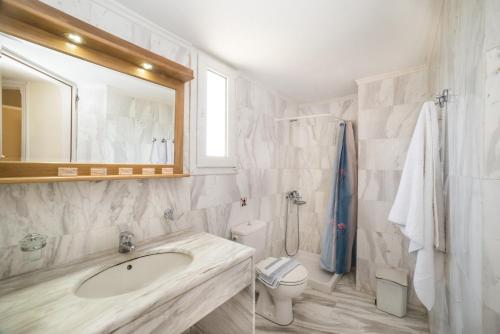 La salle de bains est pourvue d'un lavabo, de toilettes et d'un miroir. dans l'établissement Mythos Beach Hotel Apartments, à Maleme