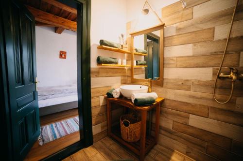 a bathroom with a sink and a mirror at Arboretum Guesthouse in Şoimeni