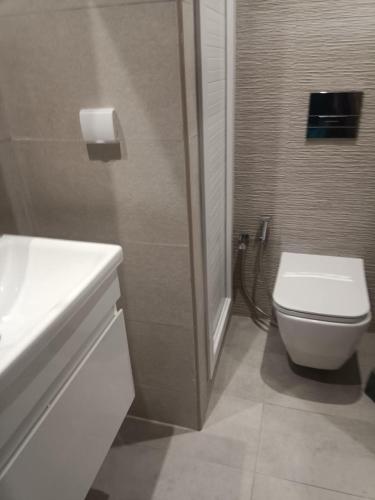 a bathroom with a white toilet and a sink at Appartement Costa in El Ahmar