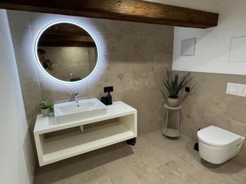 a bathroom with a white sink and a mirror at Altstadt Apartments 27 in Beilngries