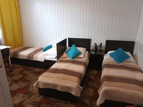 two beds in a room with blue pillows on them at Leon in Biała Podlaska