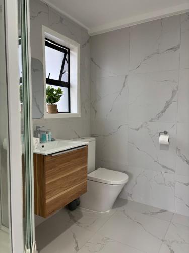 a bathroom with a toilet and a sink and a mirror at Convenient Retreat in Onehunga in Auckland