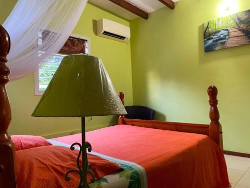 a green bedroom with a bed with a green lamp at Appartement spacieux à Sainte-Rose, 70 m² avec jardin in Sainte-Rose