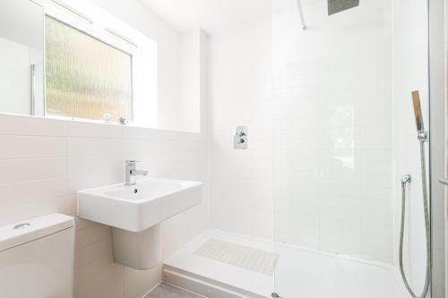 Somerford KeynesにあるLuxury apartment with spa access on a nature reserve Goldeneye HM107の洗面台とシャワー付きの白いバスルーム