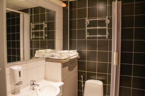 a bathroom with a sink and a toilet and a mirror at Aava Hotel in Imatra