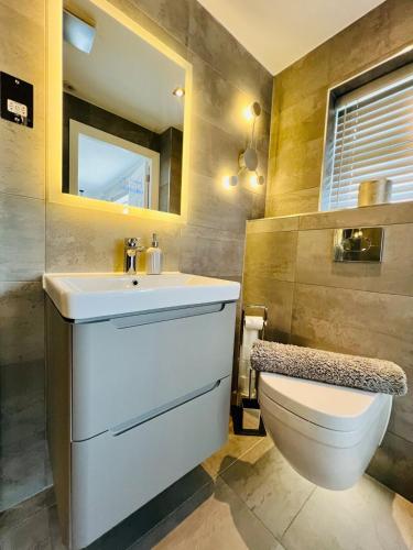 a bathroom with a sink and a toilet at Poppies in Colchester