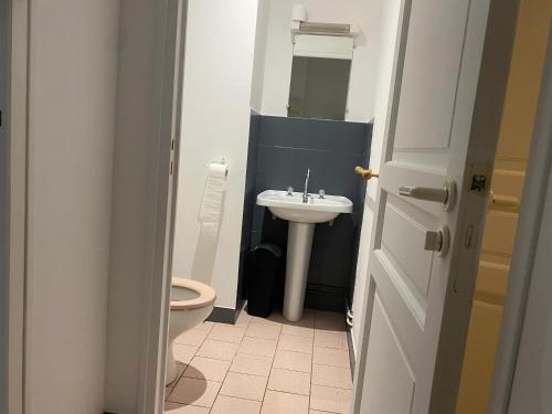 a small bathroom with a sink and a toilet at Appartement confortable aux Andelys - 90 m² avec parking in Les Andelys