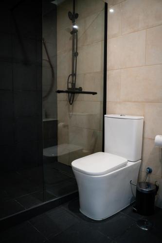 a bathroom with a toilet and a shower at Riad'a Praia in Armação de Pêra