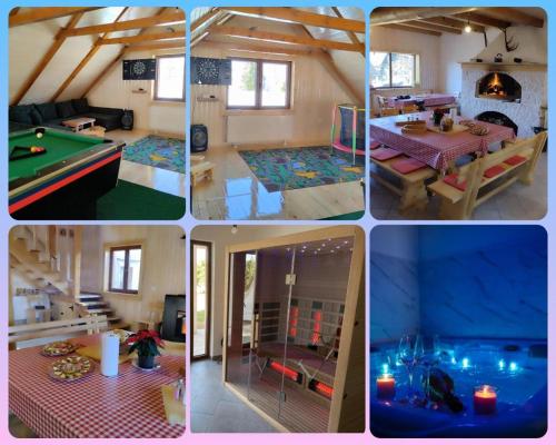 a collage of pictures of a room with a pool table at Nonićeva Hiža in Fužine