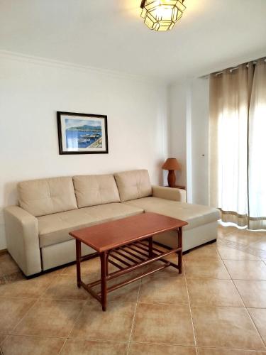 a living room with a couch and a coffee table at Apartamentos Balcon de Carabeo in Nerja