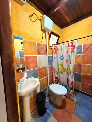 a bathroom with a sink and a toilet and a shower curtain at Hostel Pantera do Rosa in Praia do Rosa