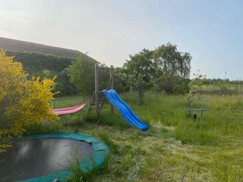 a playground with a blue slide in a field at Holiday On Magical Nature Plot For Families in Hadsund