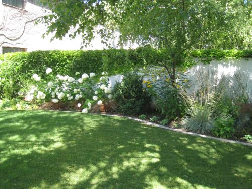 a garden with white flowers and a green yard at Pension Schmidt in Podersdorf am See