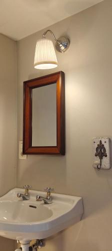 a bathroom with a sink and a mirror at L'Eaubergerine in Herbeumont