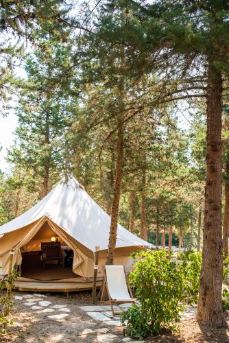 a tent in a forest with a chair in front at DOMA Portugal in Mafra