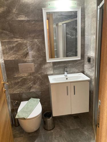 a bathroom with a sink and a toilet and a mirror at Olimpia Hotel in Fethiye
