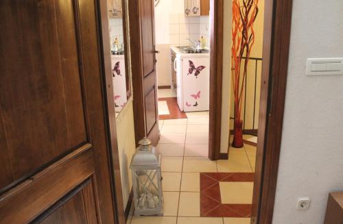 a hallway leading to a kitchen with a refrigerator at Apartment Kaštel in Motovun