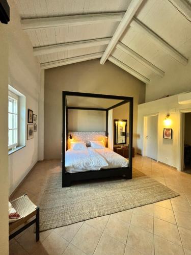 Un dormitorio con una cama grande con un espejo grande. en Casa Balau, en Costigliole dʼAsti