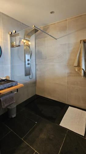 a shower with a glass door in a bathroom at La Kaz JJ in Le Tampon
