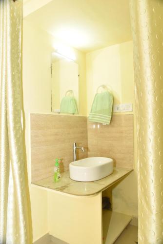 a bathroom with a sink and a mirror at Skylark Homestay Panchalimedu in Pīrmed