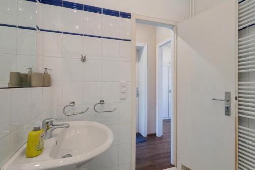 BrodtenにあるFerienwohnung Oberdeckの洗面台とシャワー付きの白いバスルーム