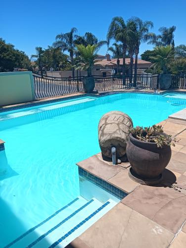 MalmesburyにあるTable Mountain Guesthouseの青い水とヤシの木が茂るスイミングプール