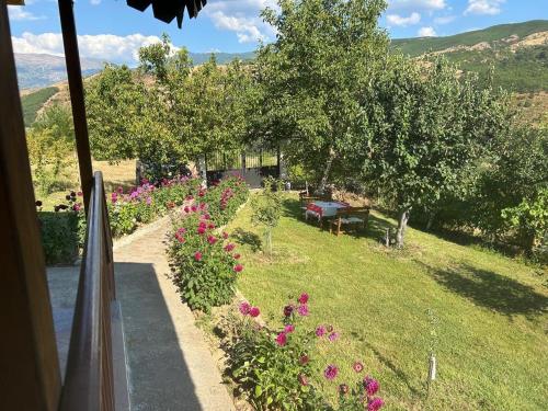a view of a garden with pink flowers at Mountain Villa in Zall Dardhe in Peshkopi