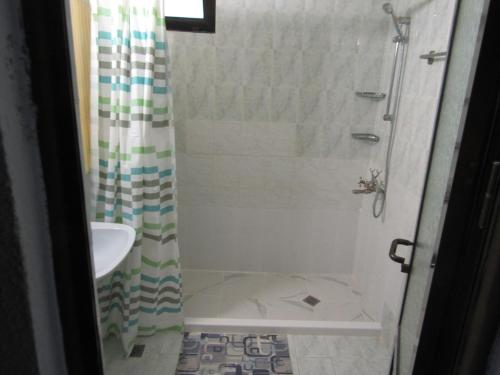 a bathroom with a shower and a sink at Hostel Papagal in Varna City