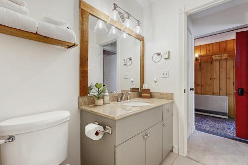 Un baño con lavabo, inodoro y espejo. en The Wolf Den, en Lincoln