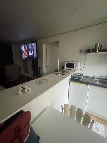 a kitchen with a counter with a microwave and a tv at Maisonnette in Limours