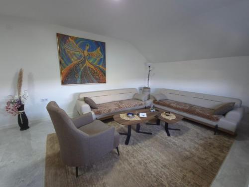 a living room with two couches and a painting on the wall at Apartments Halilovic in Hadžići