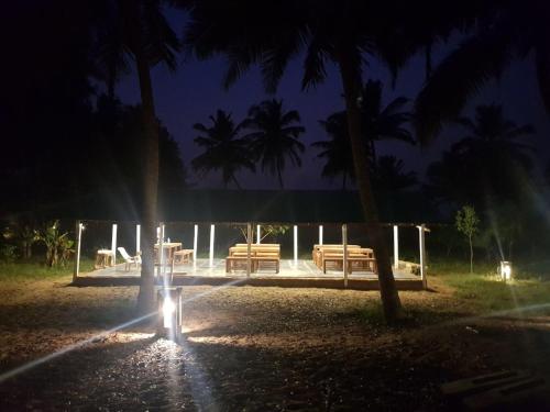a park at night with benches and palm trees at Anariya at Gokarna in Gokarn