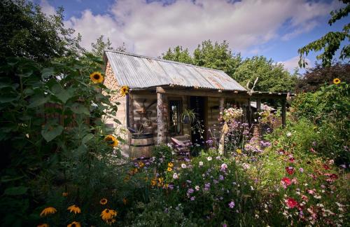 a small house in the middle of a garden with flowers at The Karal cabin in Canterbury