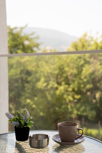 a cup of coffee on a table with a potted plant at Comfort Apartment Skopje in Skopje