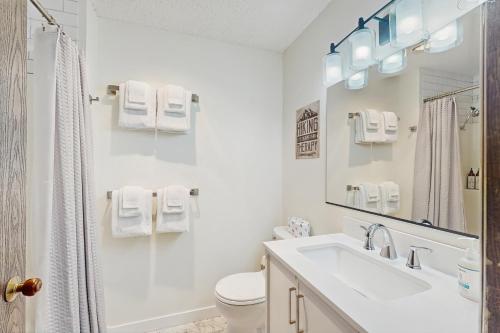a bathroom with a sink and a toilet and a mirror at East Wenatchee Escape in East Wenatchee