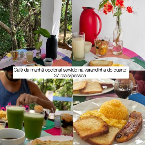 a table with a plate of breakfast foods and drinks at Despertamar- Hospedagem em Calhetas in Cabo de Santo Agostinho