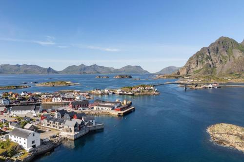 an aerial view of a small island in the water at Rorbuleilighet 1J Henningsvær in Henningsvær