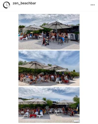 two pictures of people sitting at tables under umbrellas at Villa Mala - Pool - Jacuzzi - 5 min. zum Meer in Trogir