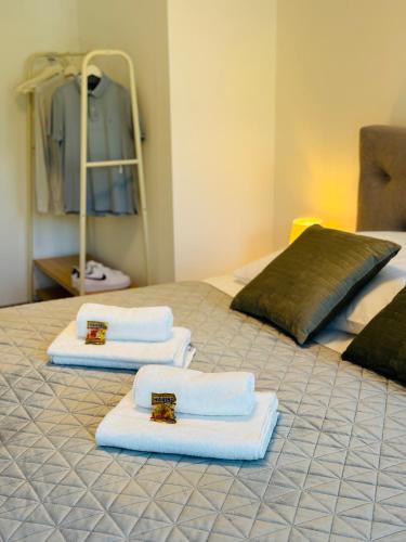 two beds with towels and a mirror in a room at Design City Apartment, Dachterrasse, Top Lage in Schwetzingen