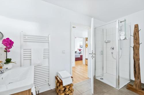 ein Badezimmer mit Dusche und Waschbecken in der Unterkunft Pamir in Kappeln