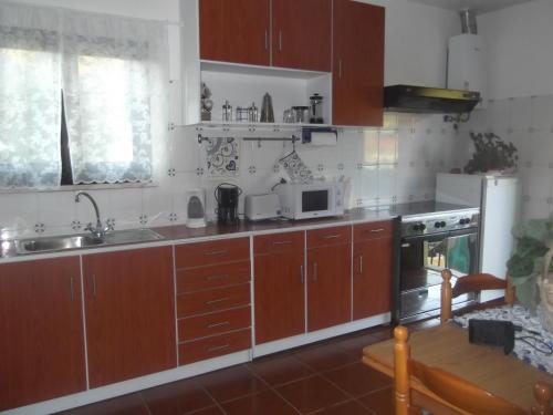 a kitchen with wooden cabinets and a sink and a microwave at Casa das Lages in Paredes de Coura