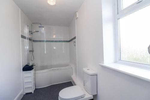 a white bathroom with a shower and a toilet at The Miners Cottage in Wells