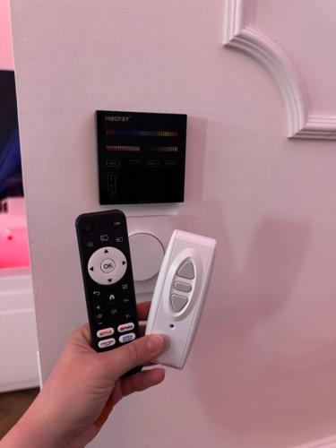 a person holding a remote control in a room at Evasio Suite in Sedan