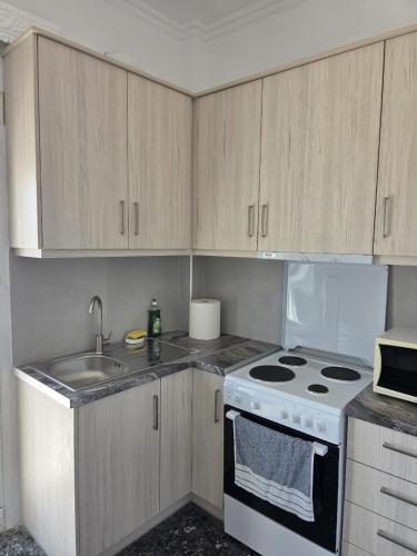 a small kitchen with a stove and a sink at Your refuge overlooking port 6A in Mesochórion